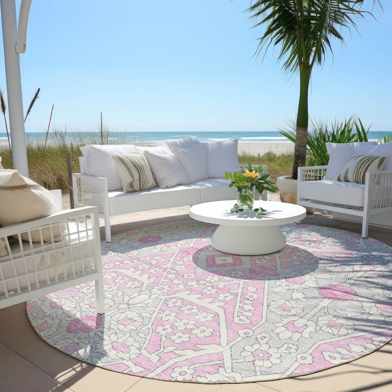 Machine Washable Indoor/ Outdoor Chantille Traditional Medallion Rug - Pink - 8' x 8'