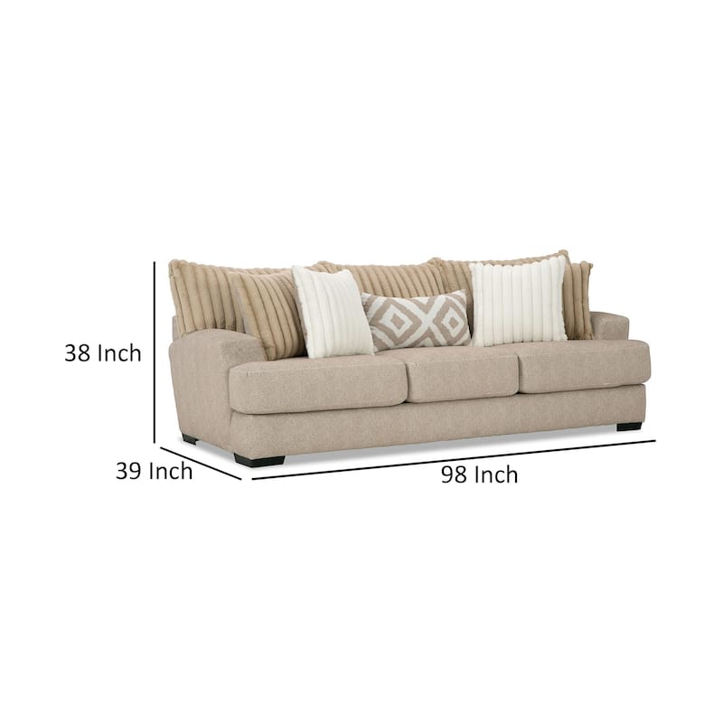 Laila Sofa, 5 Accent Pillows, 98 Inch Solid Wood, Light Brown Chenille