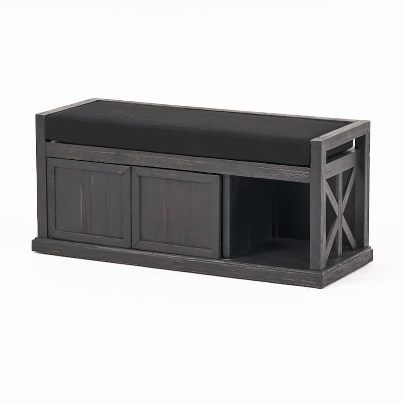 Entryway Upholstered Shoe Bench with Solid Wood Frame, Open Storage