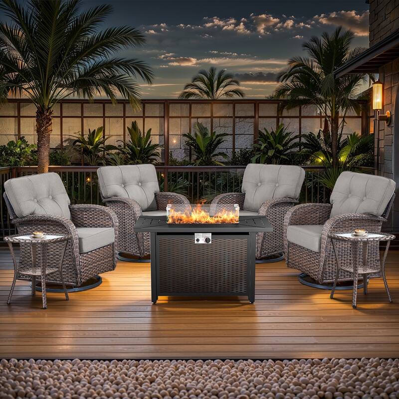 Pocassy Outdoor 43 In Fire Table with Swivel Chair Set - Brown Wicker Gray Cushion - 6-Piece Swivel Chair Table with Fire Pit Table