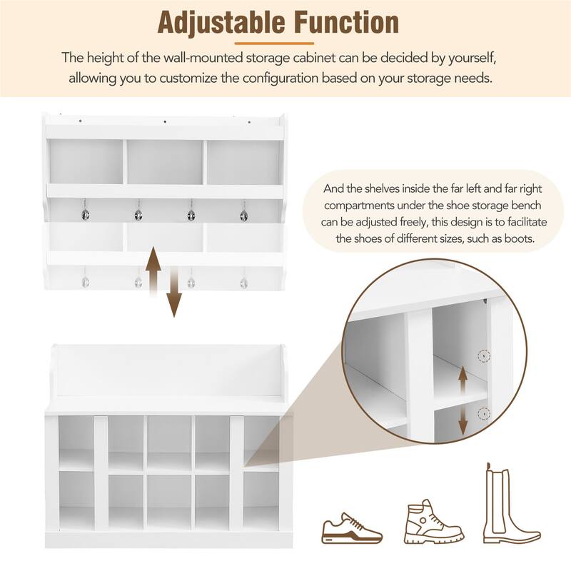 Shoe Storage Bench with Shelves and 4 Hooks