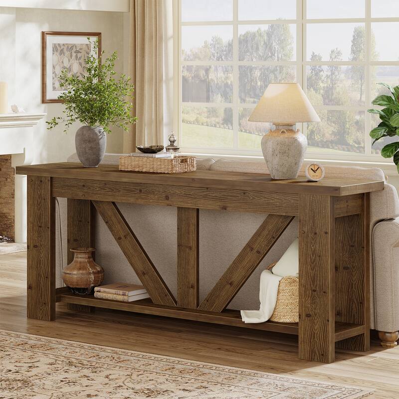 70.9-Inch Solid Wood Console Table, 2-Tier Sofa Table Behind Couch