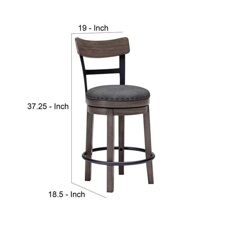 Swivel Barstool with Nailhead Trim and Curved Panel Back, Gray