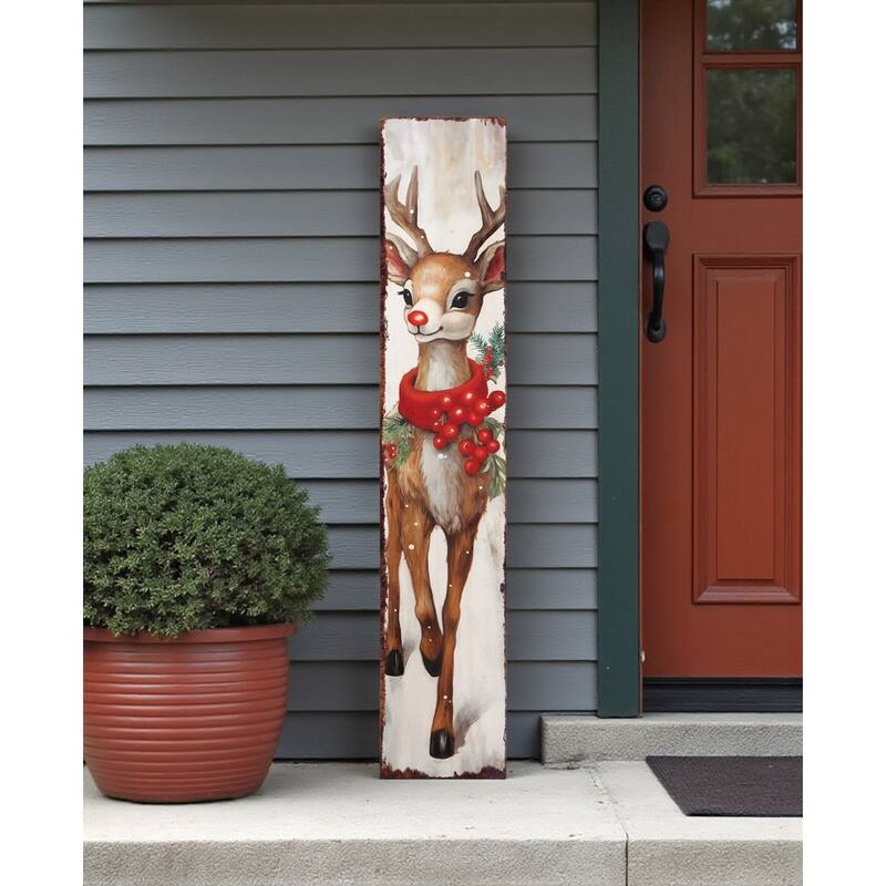 HomeRoots 48" White Green And Red Christmas Reindeer Solid Wood Porch Sign - Green/White/Red - Wood