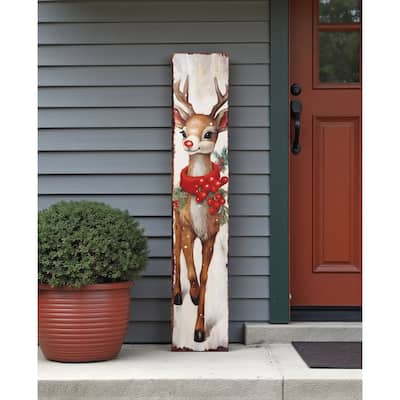 HomeRoots 48" White Green And Red Christmas Reindeer Solid Wood Porch Sign
