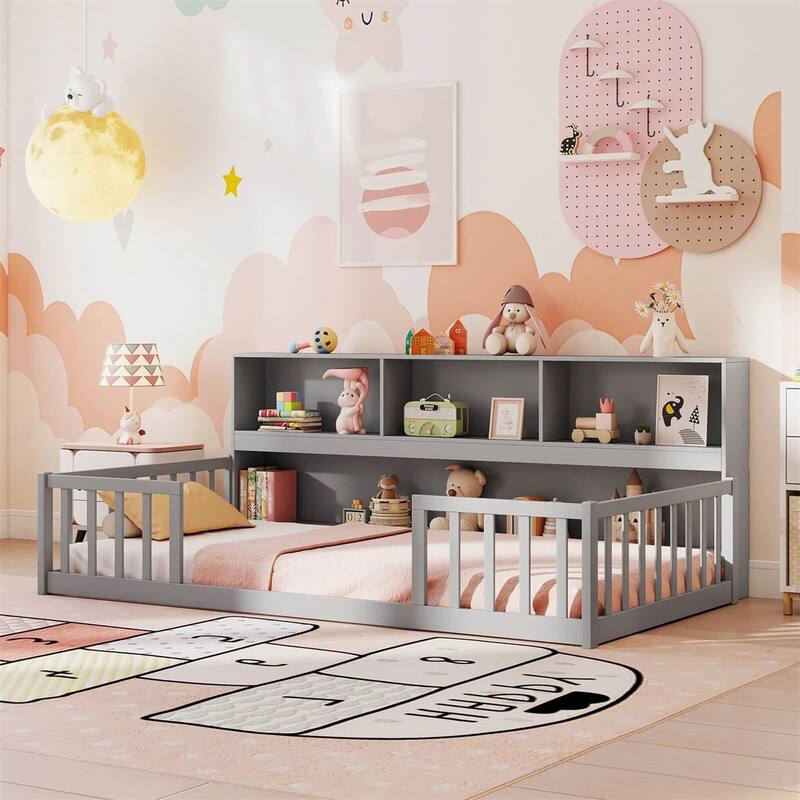 Pine Wood Twin Montessori Floor Bed with Bookshelf and Safety Rails
