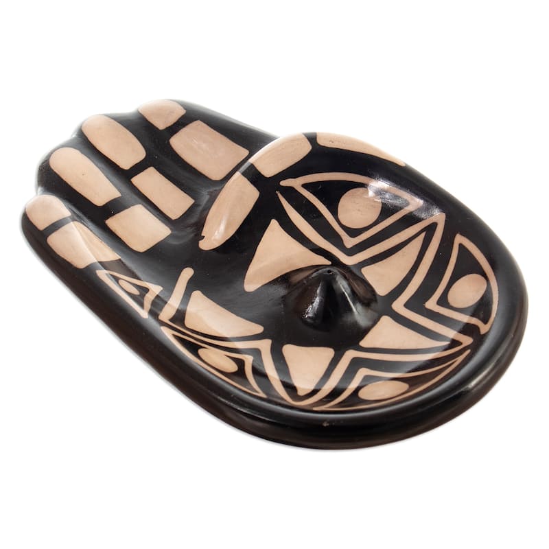 Novica Handmade Black & White Hamsa Ceramic Incense Holder