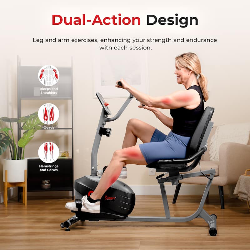 Sunny Health & Fitness Smart Magnetic Recumbent Bike w/ Hand Cycle - SF-RB423034 - Grey - 55.9L x 26.4W x 46.1H
