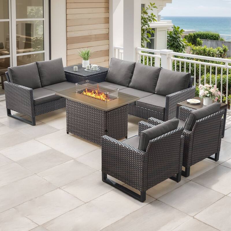 Gymojoy 7 Person All-Weather Wicker Outdoor Conversation Set Seating Group With Fire Pit Table