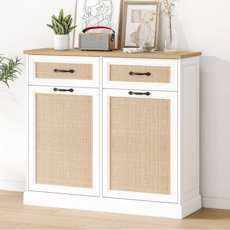 Tilt Out Trash Cabinet with Natural Rattan, Hidden Trash Can Cabinet 10 Gallon Trash Holder