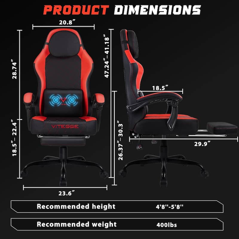 BOSSIN Ergonomic Gaming Chair – 400 lbs Support, PC/Racing Office Chair with Adjustable Swivel, Lumbar Vibration & Headrest