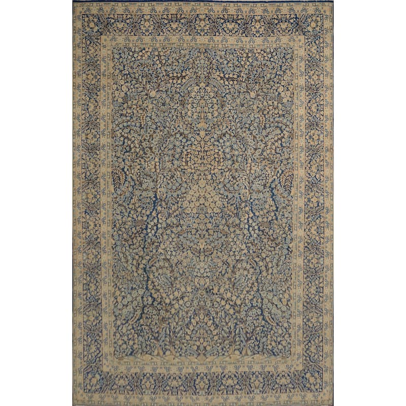 Hand Knotted Oriental 100% Wool Carpet Traditional All-Over Navy Blue & Blues Kerman Area Rug - 12' 10'' X 9' 9''