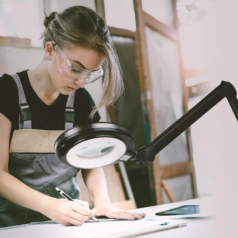 Brightech Lightview Pro 33" Classic Black Plug-in Adjustable Swing Arm Integrated 2.25X Magnifying Dimmable LED Desk Clamp Lamp