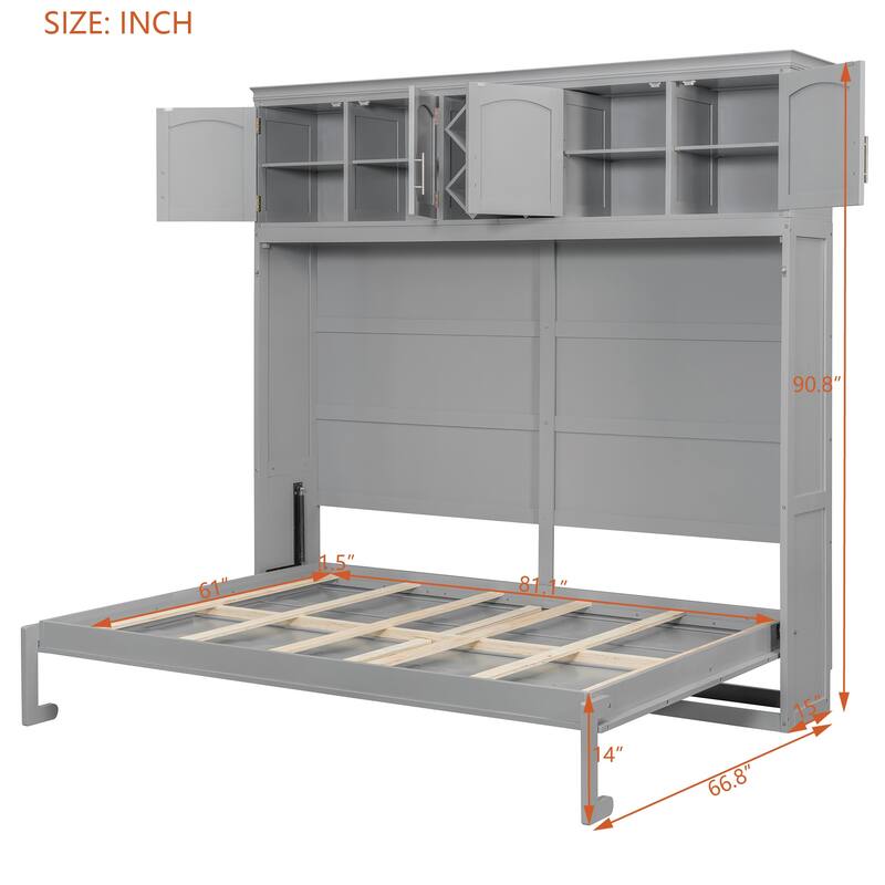 Roomfitters Queen Murphy Wall Bed with Top Cabinets and Wine Rack Storage Plywood