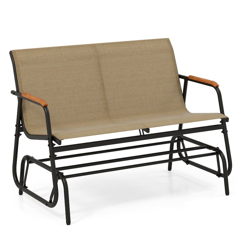 Black Brown Metal Glider Bench with Teak Armrests and 2-Person Seat - 29" L x 45" W x 33" H