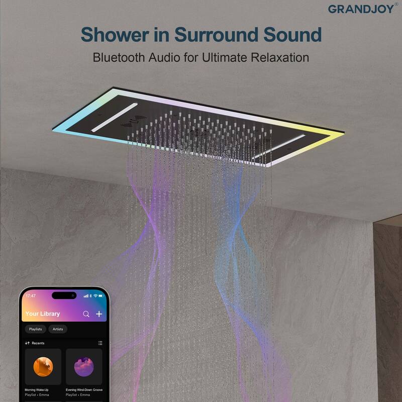 GRANDJOY Thermostatic Triple-Function LED Rain and Waterfall Shower System with Handheld and Built-In Music