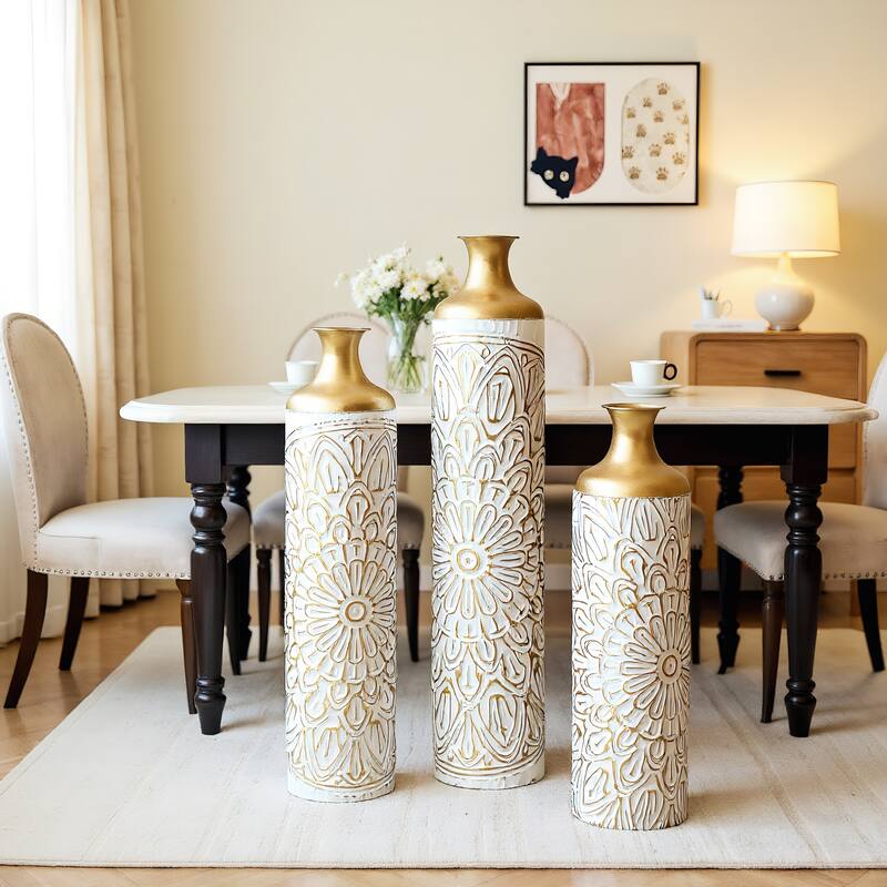 Droplet Shaped Metal Vase 3-Piece Set White Glazed Finish Modern Floor Decor