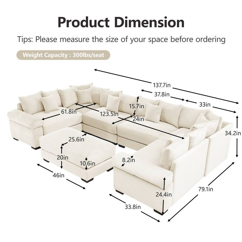 GDFStudio - Corduroy U-Shaped 6-Seater 137.7" Cloud Modular Sectional Couch with Ottoman