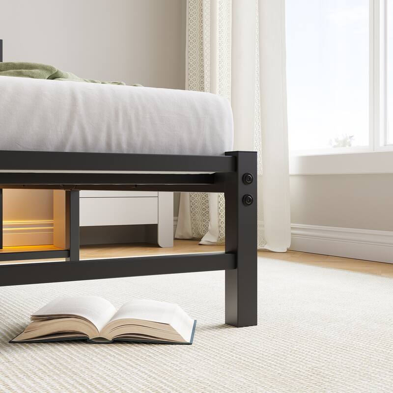 Queen Size Metal Bed Frame with Rustic Brown Wooden Headboard, RGB LED Lights, Charging Station, Storage Shelf, Noise-Free