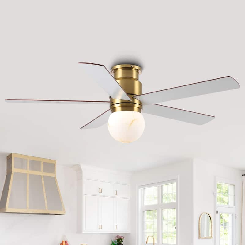 52" Modern Globe Frosted Glass Gold Flush Mount Ceiling Fan with Light and Remote