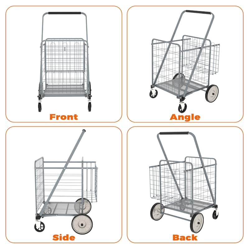 Foldable Grocery Shopping Cart with Double Basket and 360 Rolling Swivel Wheels
