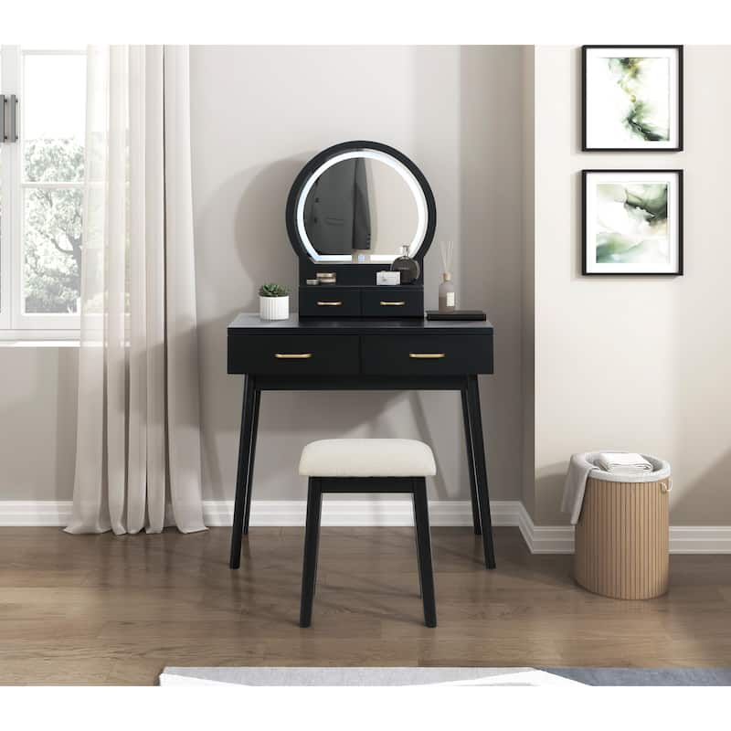 Beautiful Black Finish Vanity Dresser with Mirror and Stool