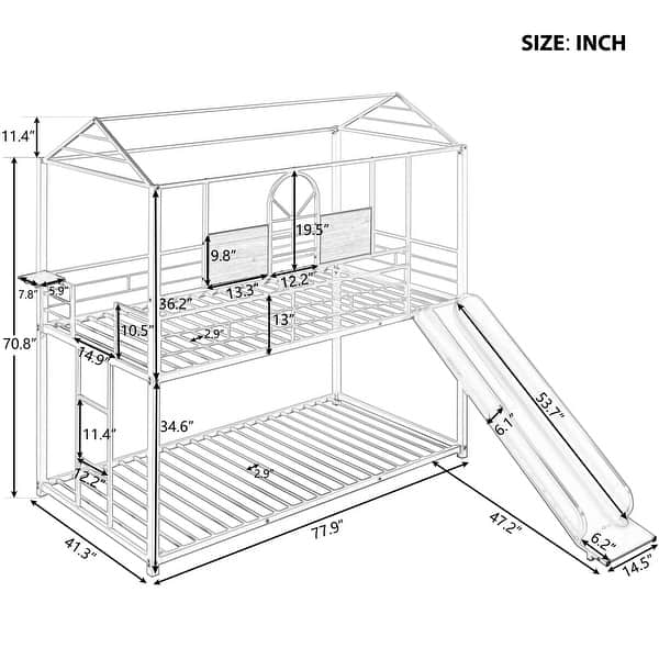 White Twin over Twin Size Metal House Bunk Bed With Slide for Kids, Teens, Girls, Boys