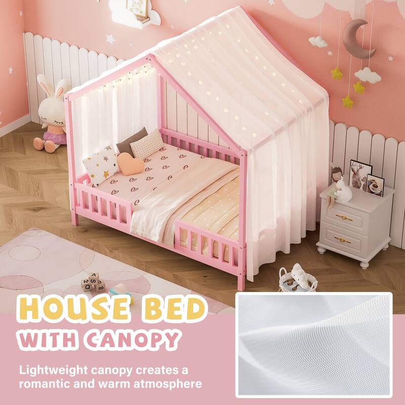 Montessori Bed, House-shape Frame Platform Bed for Kids Toddler, Wood House Daybed with High Railings and Roof, Canopy Bed Frame