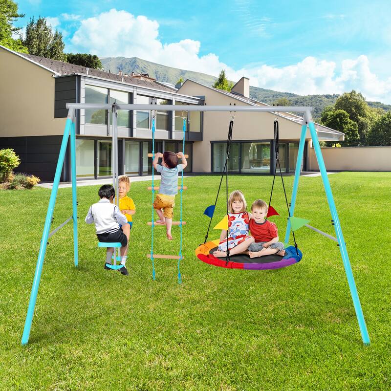 Swing Sets for Backyard, 3-in-1 Kids Metal Swing Stand with 40" Saucer Swing, Glider Swing, Rope Ladder