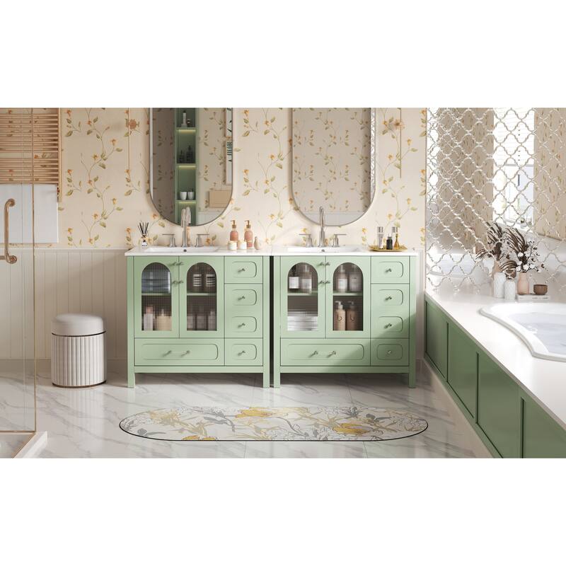 72" Bathroom Cabinet With Waffle Texture Doors,Vanity With 8 Drawers,Four Soft-Closing Doors And Double Sink Top