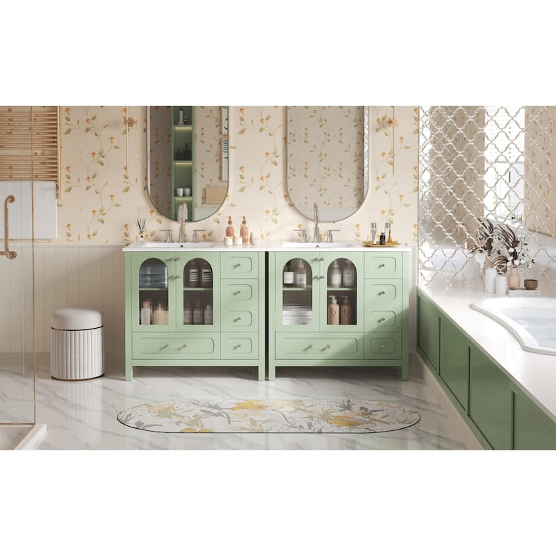 GDFStudio - Wesbridge Modern Double Sink Bathroom Vanity Set with 8 Drawers, 4 Soft-Closing Glass Doors - 72'W