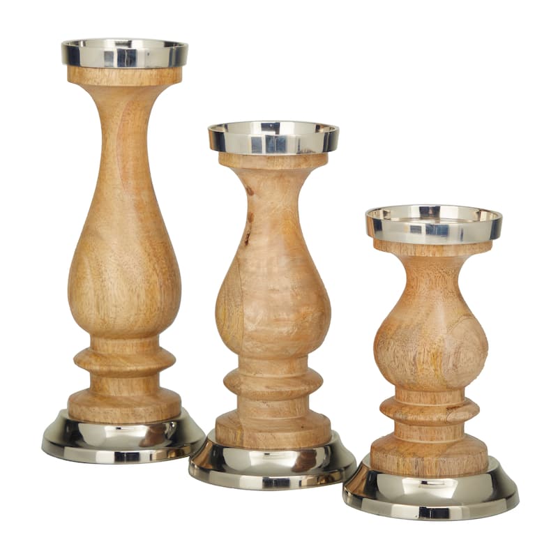 Silver Wood Candle Holder (Set of 3) - S/3 12", 10", 8"H