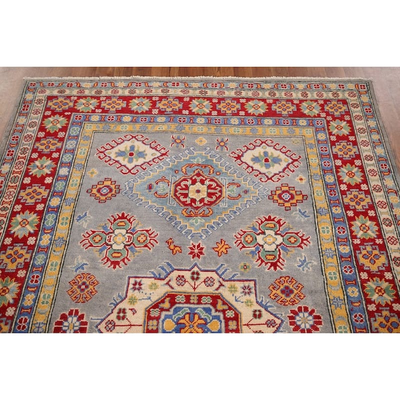 Gray Geometric Kazak Oriental Area Rug Hand-Knotted Wool Carpet - 4'11" x 6'10"
