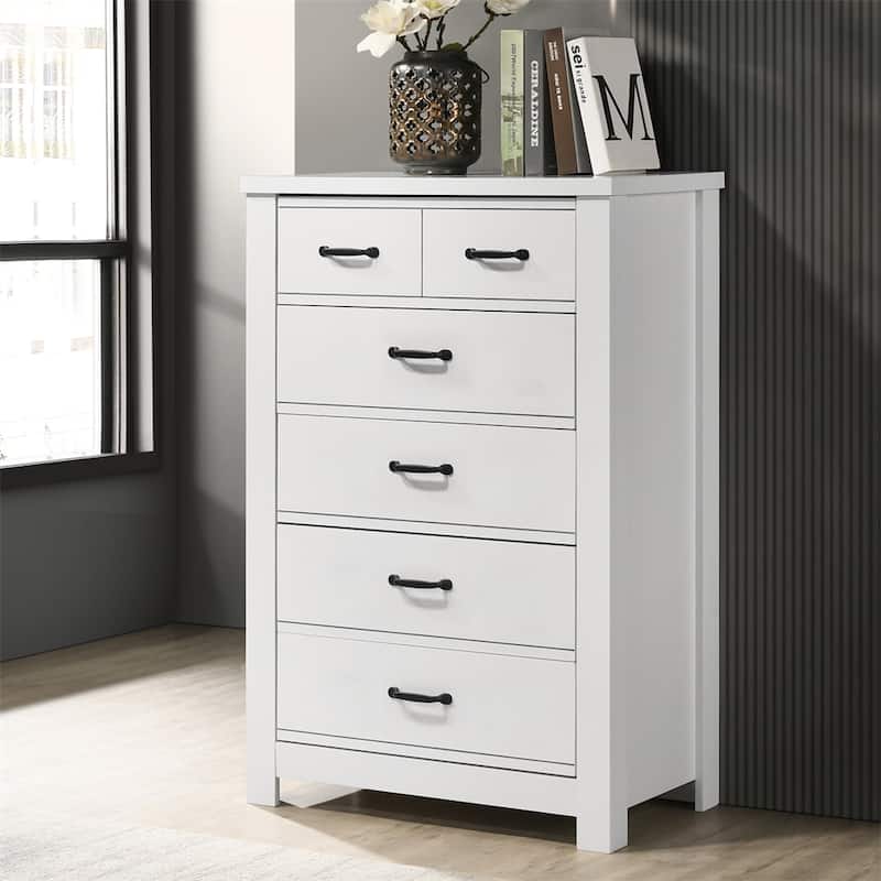 Bedroom Dresser with 5 Drawers and Black Handles - White