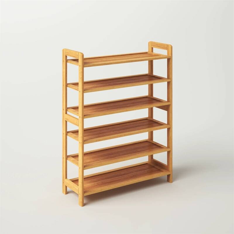 Brown Solid Wood Wicker 6-Shelf Shoe Rack for 24 Pairs with Freestanding Design - 35.43'' H x 26.77'' W x 9.84'' D