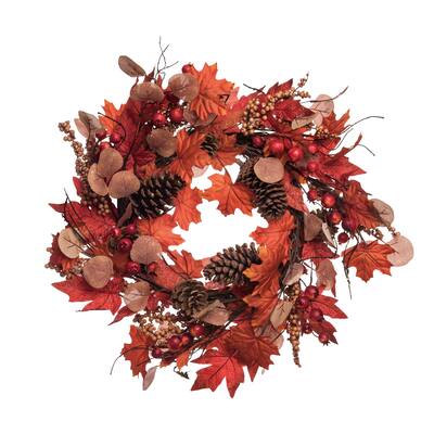Transpac Fabric 24 in. Multicolor Harvest Leaves and Pine Cones Wreath - Orange/Red/Brown/Pink