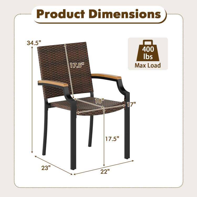Set of 2 Mix Brown PE Rattan Metal Patio Dining Chairs with Ergonomic Back and Stackable Design - 23" x 22" x 34.5"