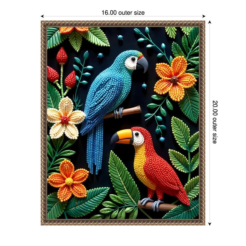 Parrot and Toucan In a Beaded Forest by Uma Gokhale Framed Canvas Wall Art - 16 x 20 in
