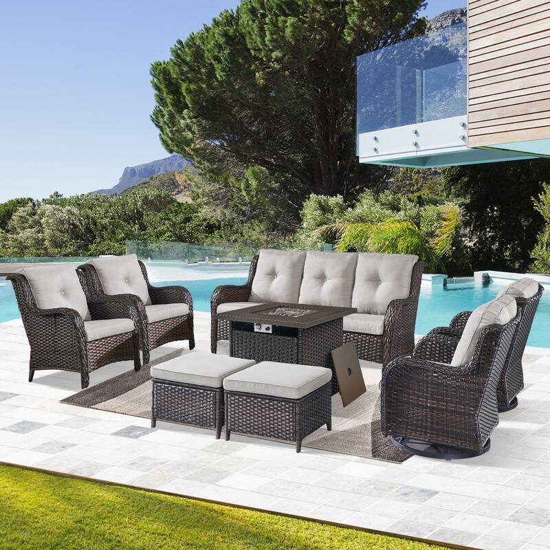 Gymojoy Outdoor Patio Funiture Set with Fire Pit Table - Brown - Beige
