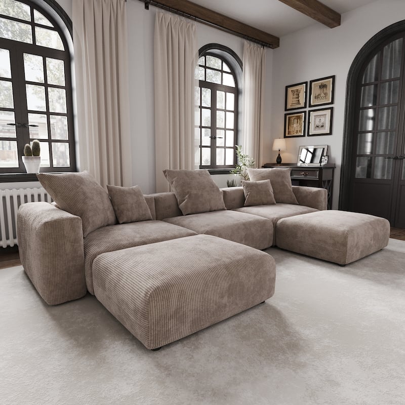 141''Modular Sectional Sofa, Corduroy 5 Seater Upholstered Sofa Couch with 5 Pillows, Convertible Couch Deep Seat Couches
