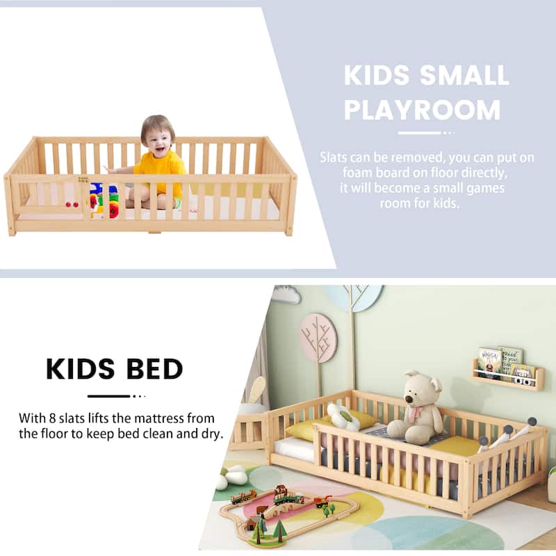 Twin Size Floor Bed with Door & Fence, Wooden Montessori Bed for Kids