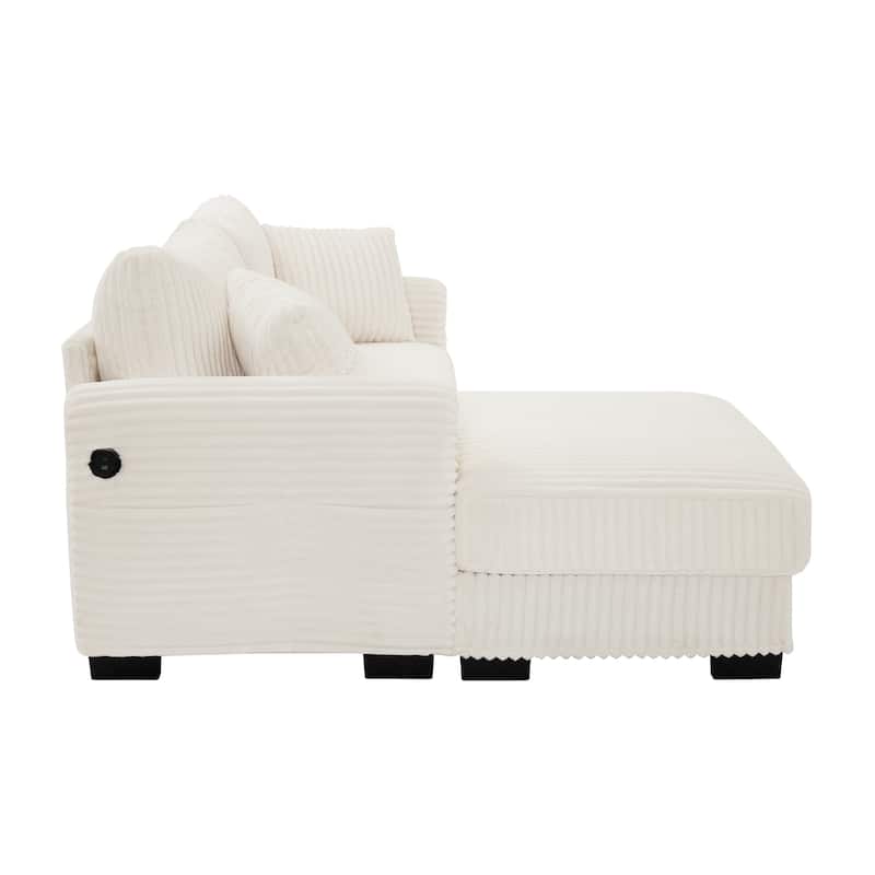 L-Shaped Sofa, 2 Seater Modular Sectional Sofa with Convertible Chaise, USB Ports, Corduroy Couch with Oversized Side Pocket