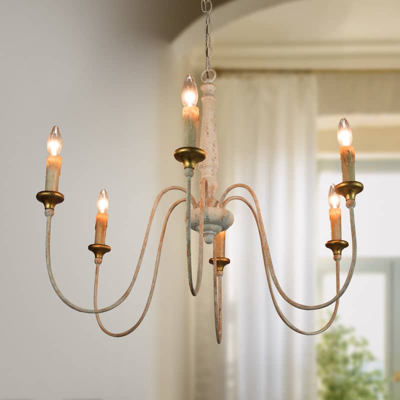 Modern Farmhouse Candle 6-Light Wheel Chandelier Wood French Country Dining Room Lighting - D30.5" x H25.5"