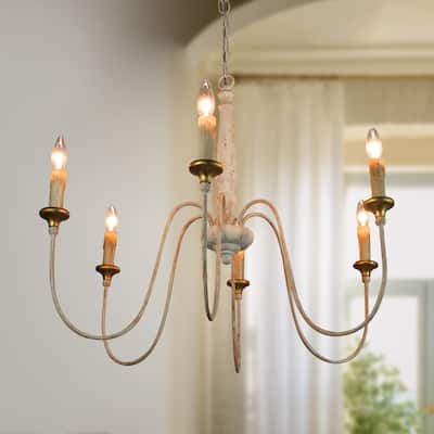 Modern Farmhouse Candle 6-Light Wheel Chandelier Wood French Country Dining Room Lighting - D30.5" x H25.5"