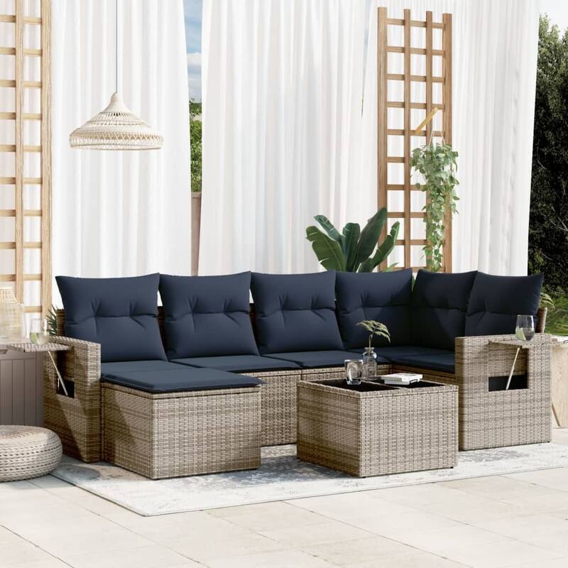 vidaXL Patio Sofa Set with Cushions Outdoor Conversation Furniture Poly Rattan - 24.4 x 24.4 x 27.2 - Grey and Blue-With table