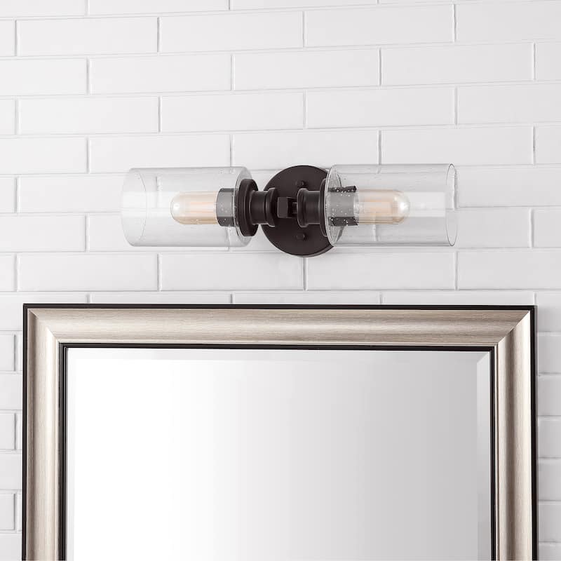 Jules Edison 16.5" Cylinder 2-Light Iron/Seeded Glass Farmhouse Contemporary LED Wall Sconce, Black by JONATHAN Y - One