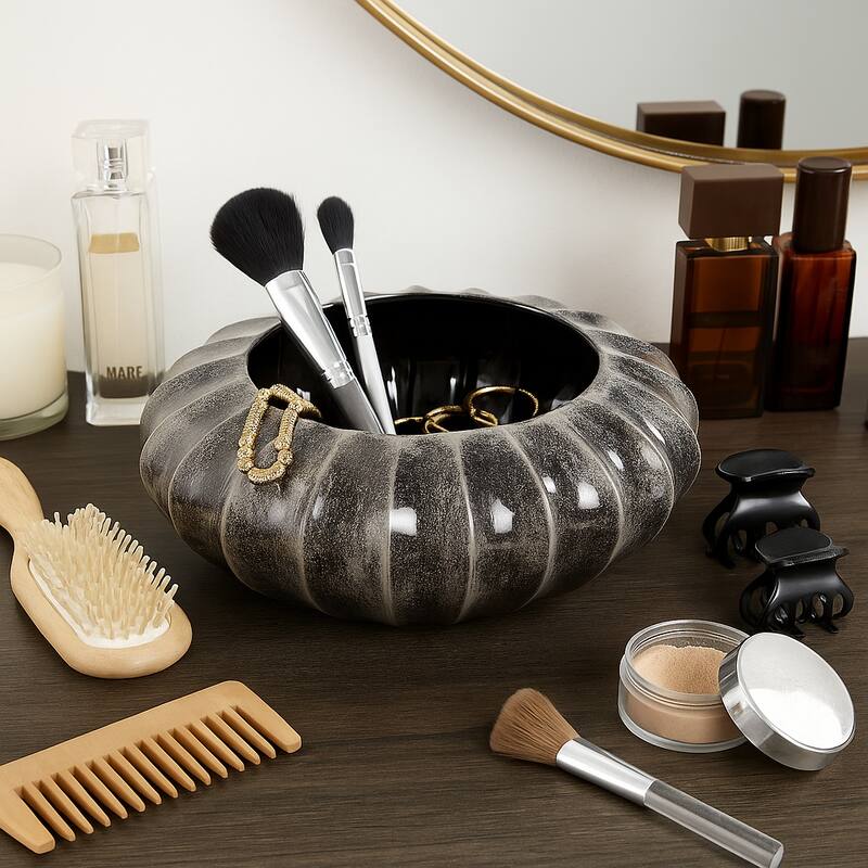 Decorative Round Ribbed Pottery Bowl with Glazed Finsih - 14", Black - 14.5"