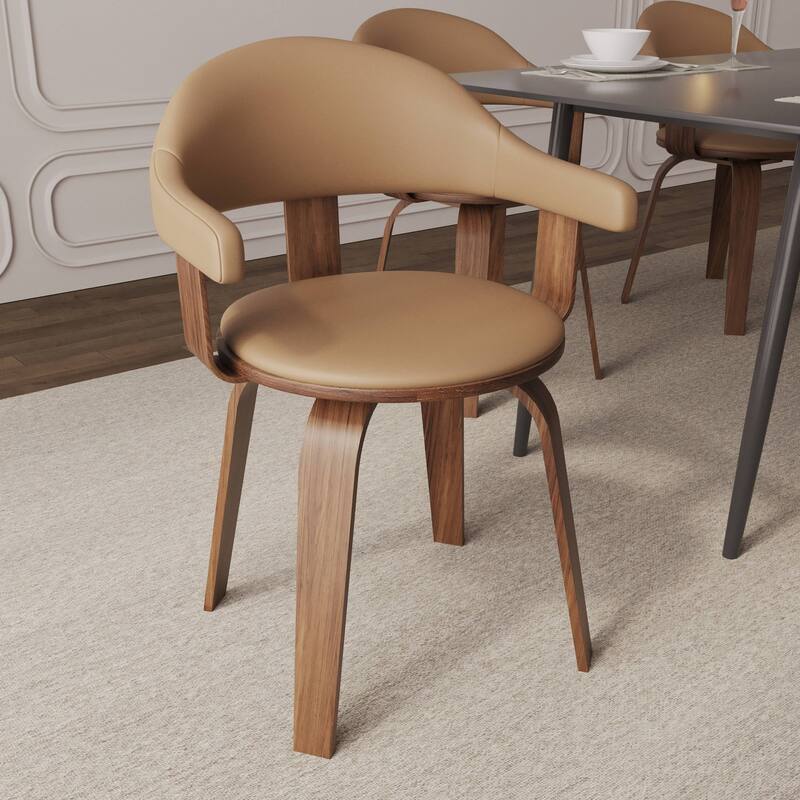Leather Dining Chair in Solid Wood Accent Arm Chair Open Curved Back Design