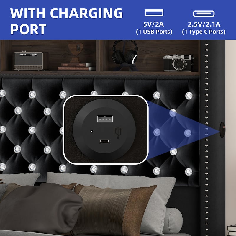 58" Tall Wingback Storage Headboard Bed Frame with USB Charging Stations and Deep Button Tufted