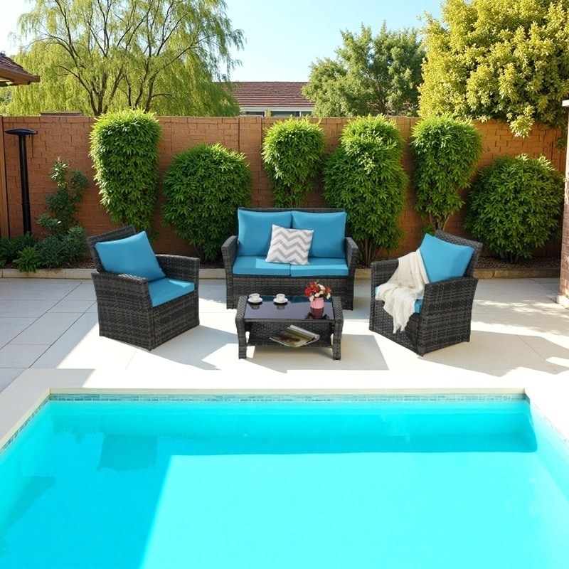4-Piece PE Rattan Patio Furniture Set with Cushions and Tempered Glass Coffee Table, Outdoor Wicker Chairs and Loveseat